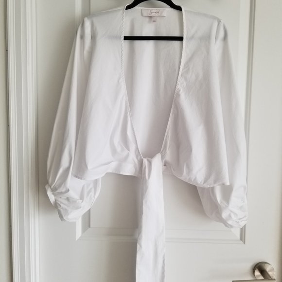 White Balloon Sleeve Wrap Tie Shirt/ Blouse - Picture 4 of 9